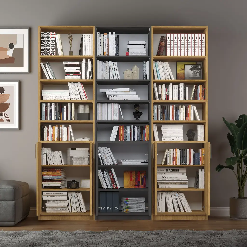 Koyu Gri & Petra Kontrast Kapaklı Üçlü Kitaplık – 180x208 cm %100 MDFLAM K-59