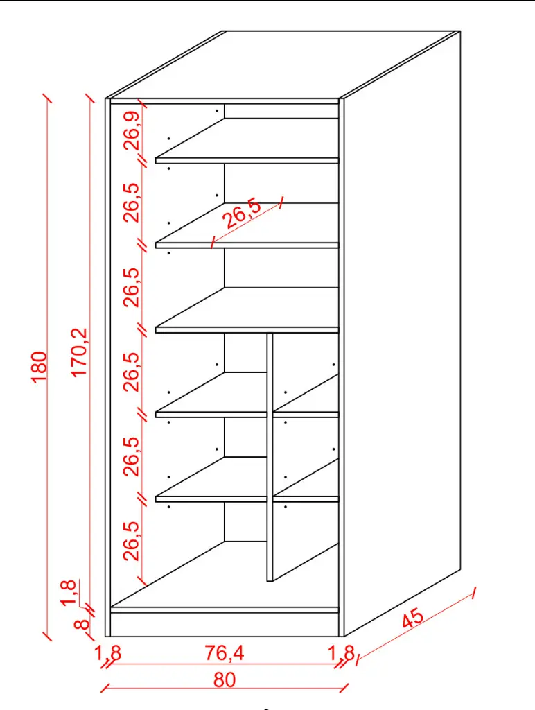 MK-17 ölçü şeması: 80x45x180 cm boyutlar, 26,5 cm raf aralıkları ve 76,4 cm iç genişlik değerleri gösteriliyor.