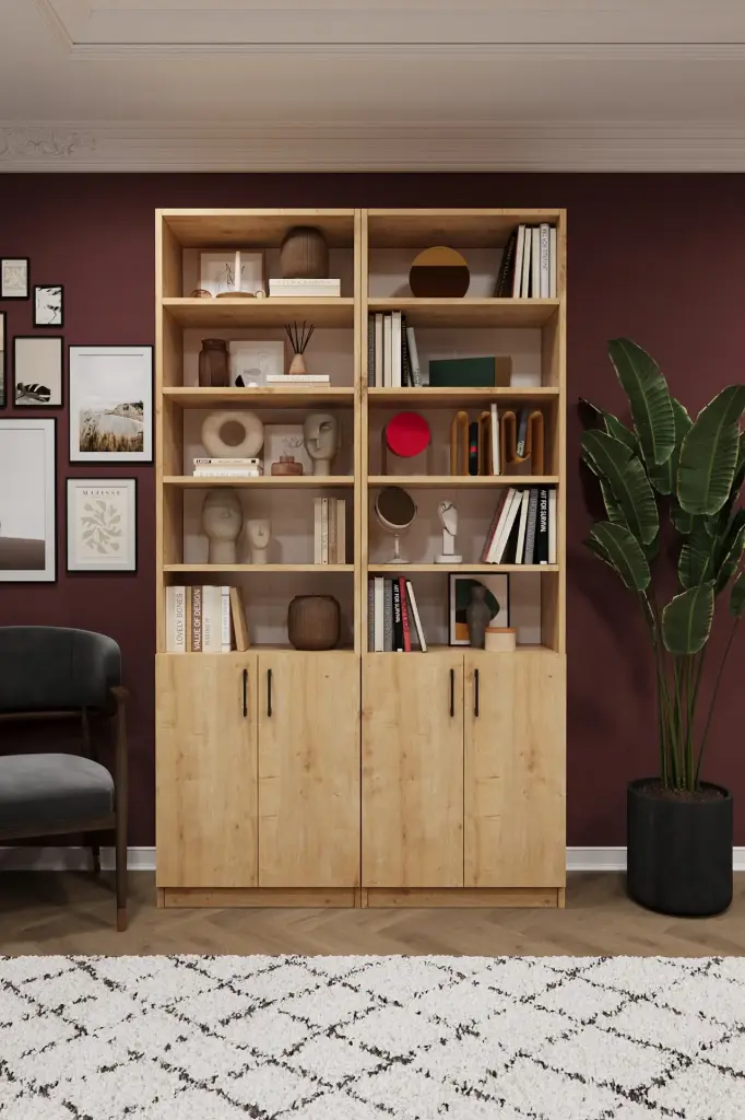 Safir Meşe Kapaklı Çift Modül Kitaplık – 120x208 cm %100 MDFLAM K-40