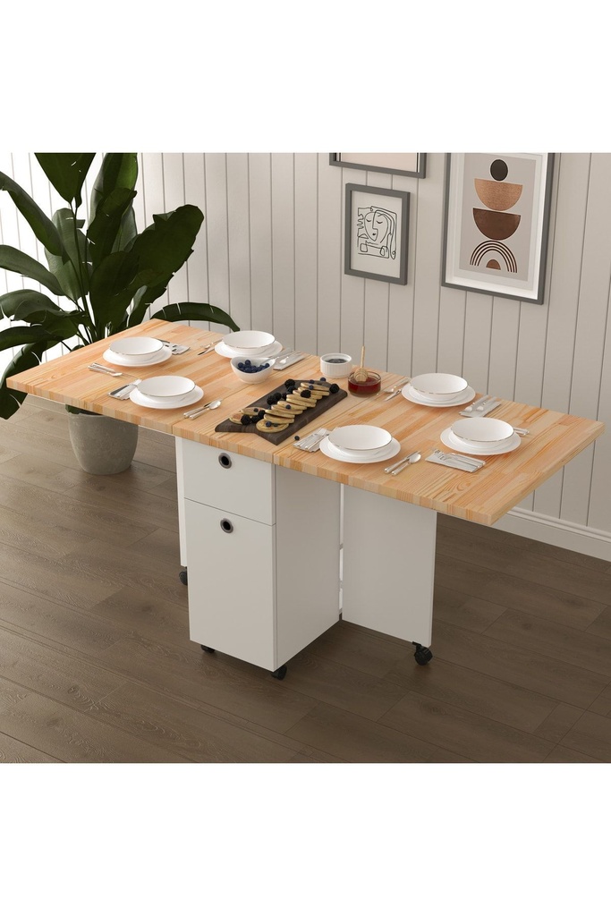 Masif Ahşap Tablalı Katlanır Masa - Çalışma/Yemek/Mutfak Masası KM-22 ÇAM