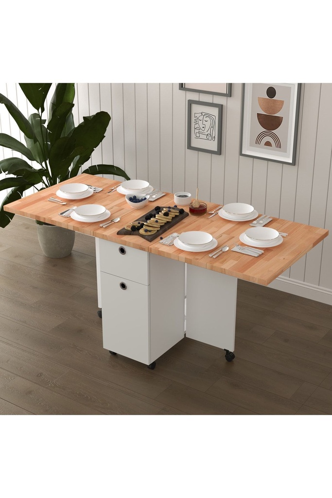 Masif Ahşap Tablalı Katlanır Masa - Çalışma/Yemek/Mutfak Masası KM-23 KAYIN