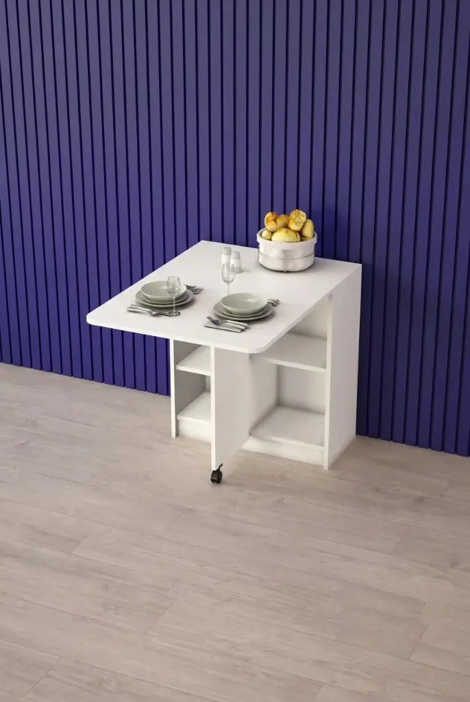 Beyaz Tek Kanatlı Katlanır Mutfak Masası 93 cm %100 MDFLAM KM-17