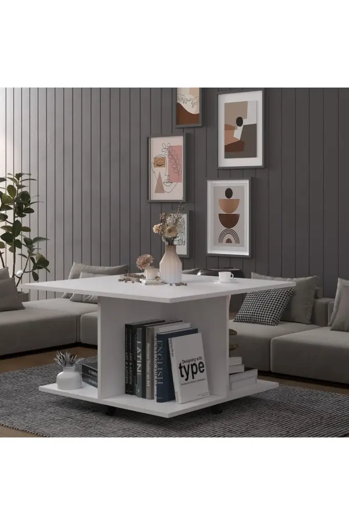 Dört Bölmeli Kare Orta Sehpa Tekerlekli %100 MDFLAM 90x90 cm - OS002