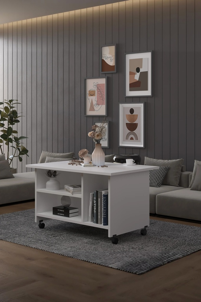 İki Katlı Tekerlekli Orta Sehpa Tekerlekli 90x60 cm %100 MDF - OS01