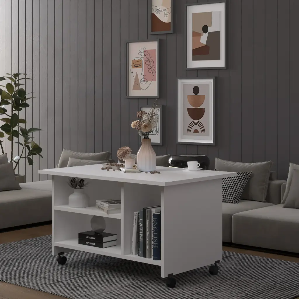 İki Katlı Tekerlekli Orta Sehpa Tekerlekli 90x60 cm %100 MDFLAM - OS01