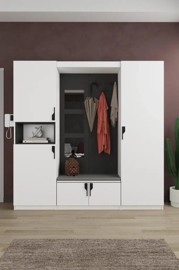V-05 Modern Vestiyer ve Portmanto 210 cm Minderli Oturaklı Aynalı