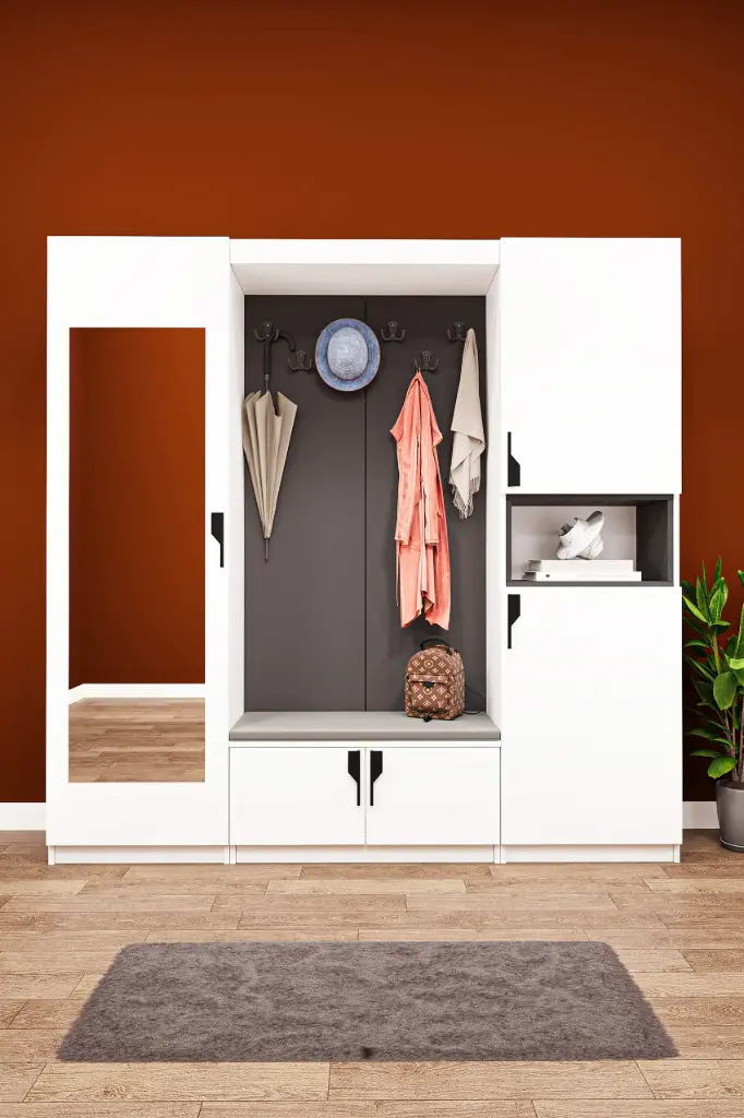 V-06 Aynalı Vestiyer Modelleri 210 cm Oturaklı Ayakkabılıklı Portmanto