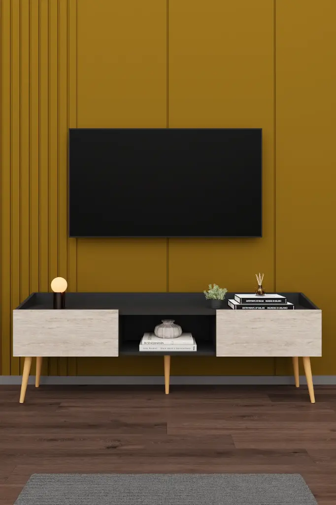 Modern TV Ünitesi 160 cm Kapaklı Raflı MDF TV Sehpası T-28 