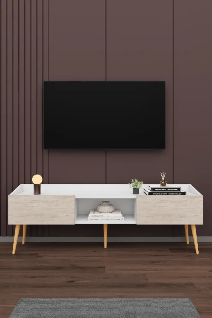 Modern TV Ünitesi 160 cm Kapaklı Raflı MDF TV Sehpası T-28 