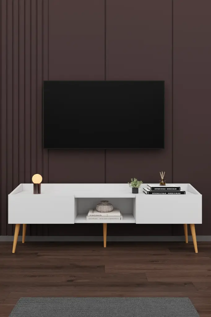 T-28 Modern TV Ünitesi 160 cm Kapaklı Raflı MDFLAM TV Sehpası 