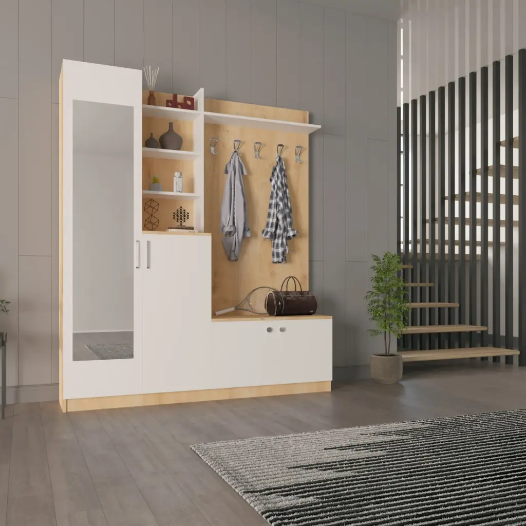 V-03 Aynalı Vestiyer ve Portmanto 180 cm Ayakkabılıklı Raflı