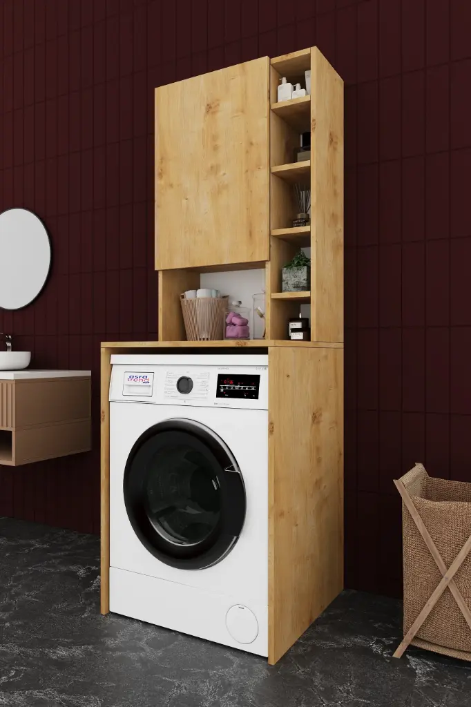 Çamaşır Makinesi Üstü Dolap Askı Kancalı Raflı Kapaklı 65x190 cm - BD-02
