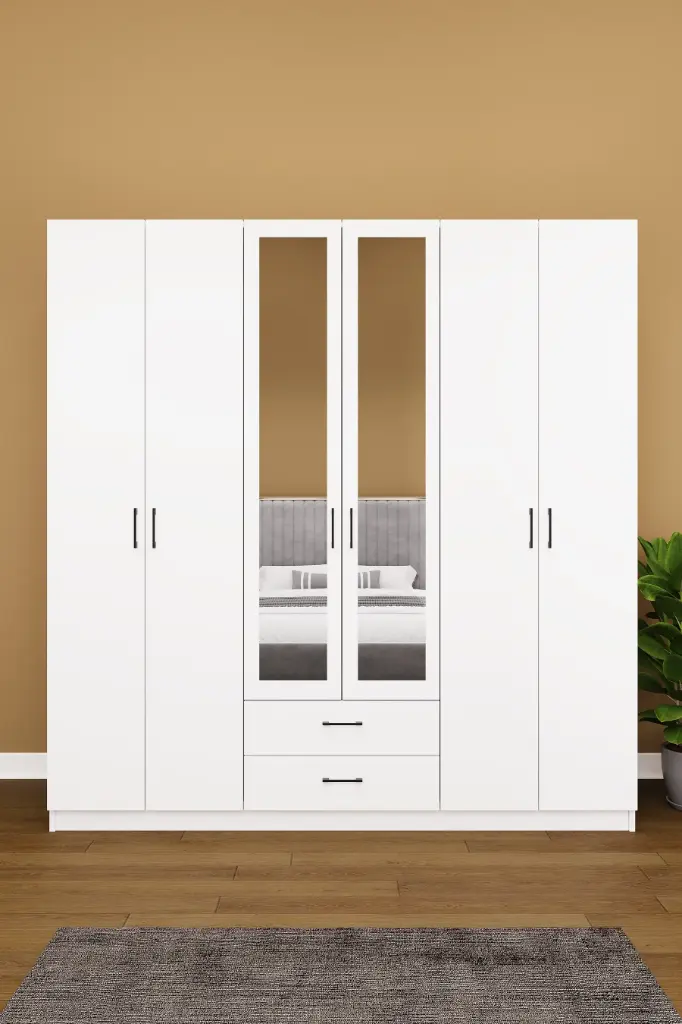 6 Kapaklı 2 Çekmeceli Aynalı Gardırop 240x208 cm Geniş MDFLAM Yatak Odası Gardırobu G05