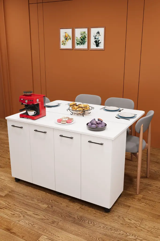 Katlanır Ada Mutfak Masası 4-6 Kişilik Tekerlekli Dolaplı 120 cm - MA-02 