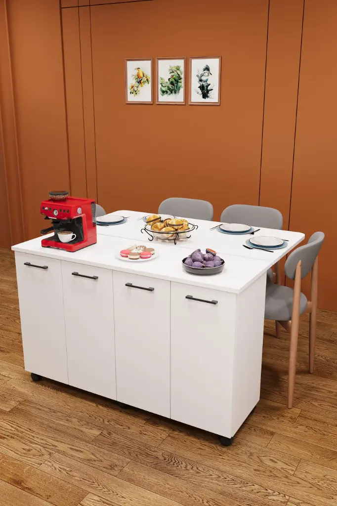 Katlanır Ada Mutfak Masası 4-6 Kişilik Tekerlekli Dolaplı 120 cm - MA-02 