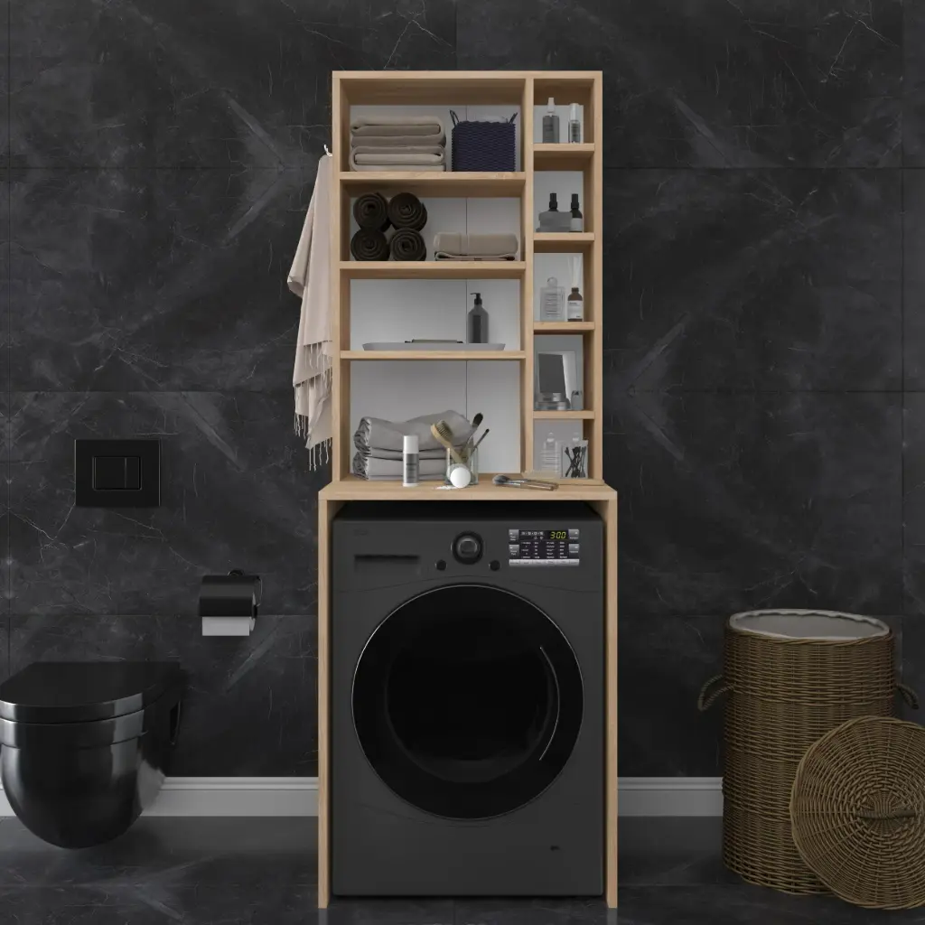 Çamaşır Makinesi Üstü Dolap Açık Raflı Askı Kancalı 65x190 cm - BD-03