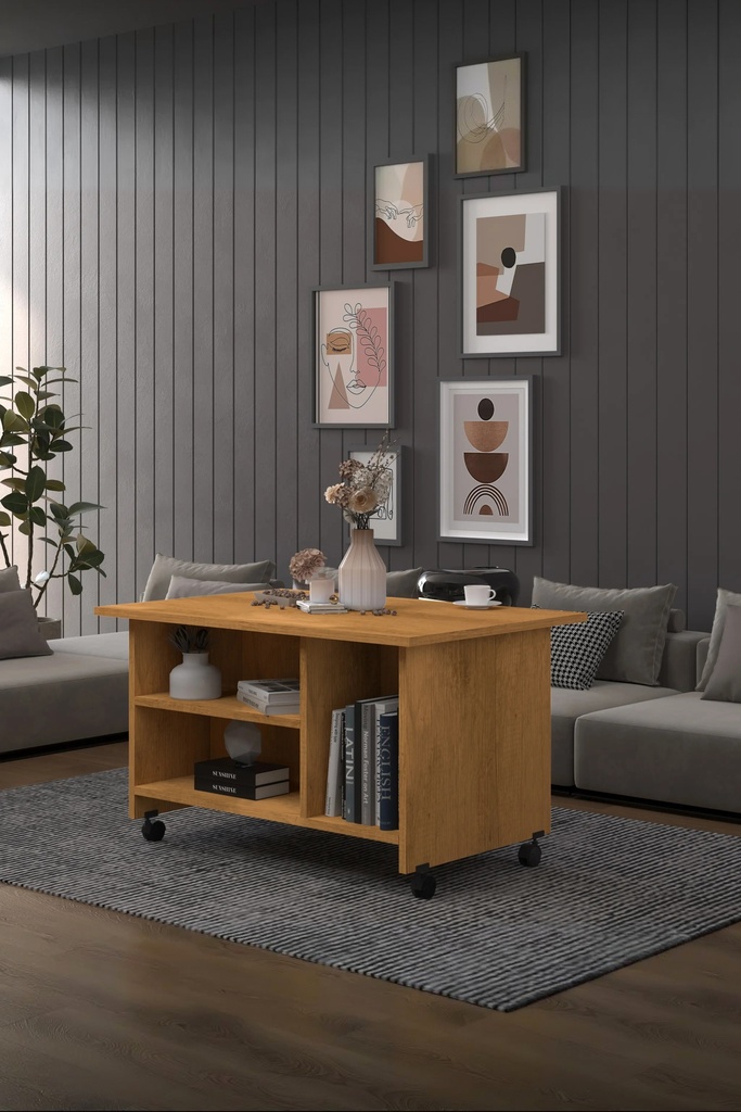İki Katlı Tekerlekli Orta Sehpa Tekerlekli 90x60 cm %100 MDF - OS01