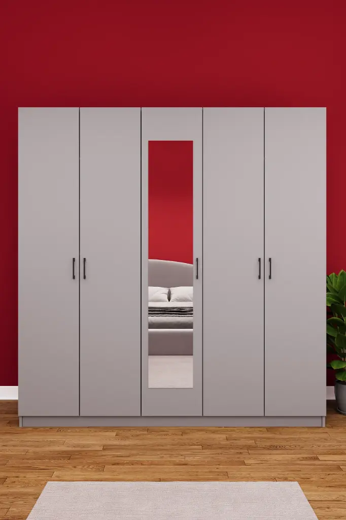 5 Kapaklı 2 Çekmeceli Aynalı Gardırop 200x208 cm MDF Yatak Odası Gardırobu G-04