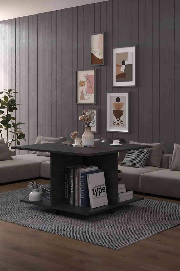 Dört Bölmeli Kare Orta Sehpa Tekerlekli %100 MDF 90x90 cm - OS02