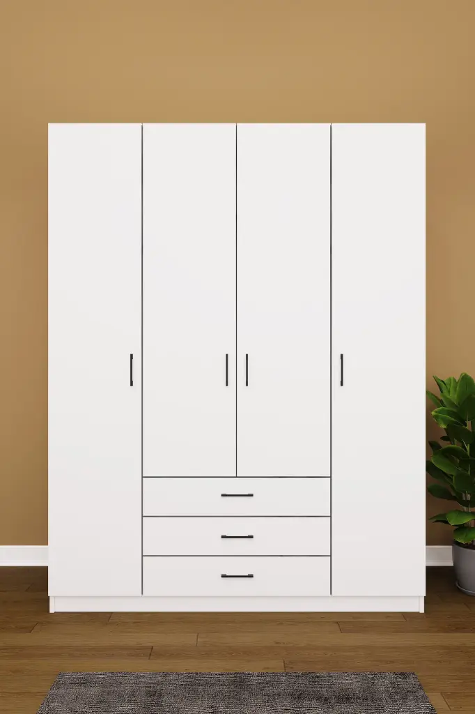 4 Kapaklı 3 Çekmeceli Gardırop 160x208 cm Çift Askılıklı MDFLAM Yatak Odası Gardırobu G-02 