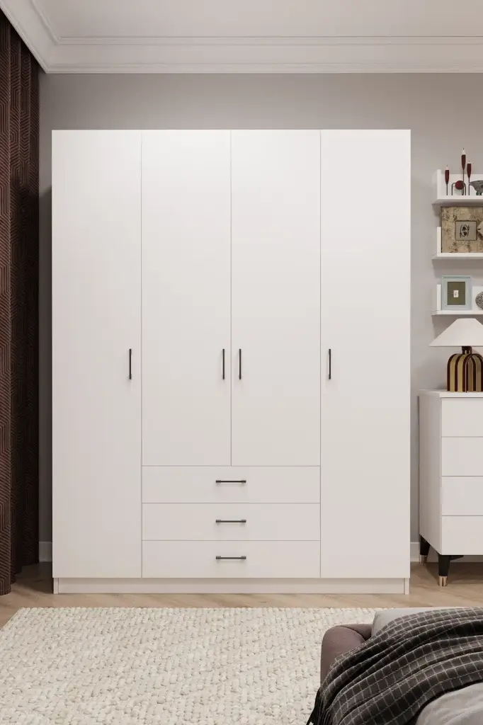 4 Kapaklı 3 Çekmeceli Gardırop 160x208 cm Çift Askılıklı MDFLAM Yatak Odası Gardırobu G-02 