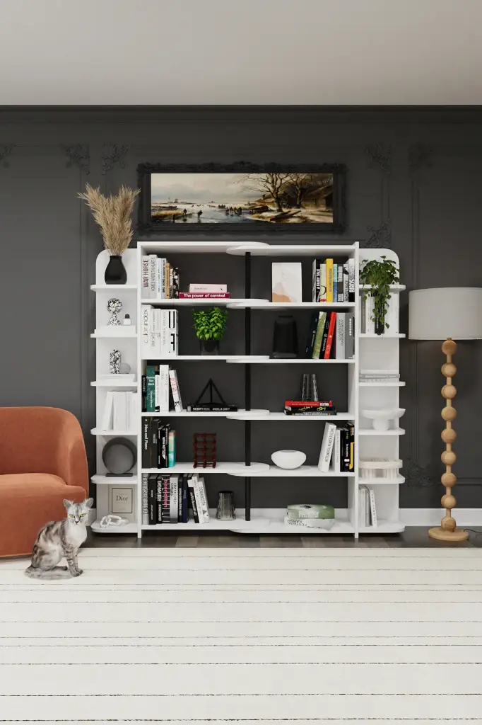 Duvar/Köşe Modüler Kitaplık – 176 cm Geniş Ünite, 12 Yan Raf + 5 Merkezi Raf DK-01 