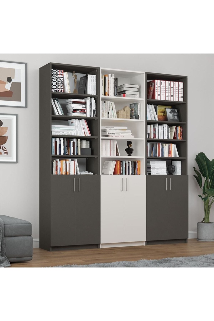 Koyu Gri & Beyaz Kapaklı İki Tonlu Üçlü Kitaplık – 180x208 cm K-58