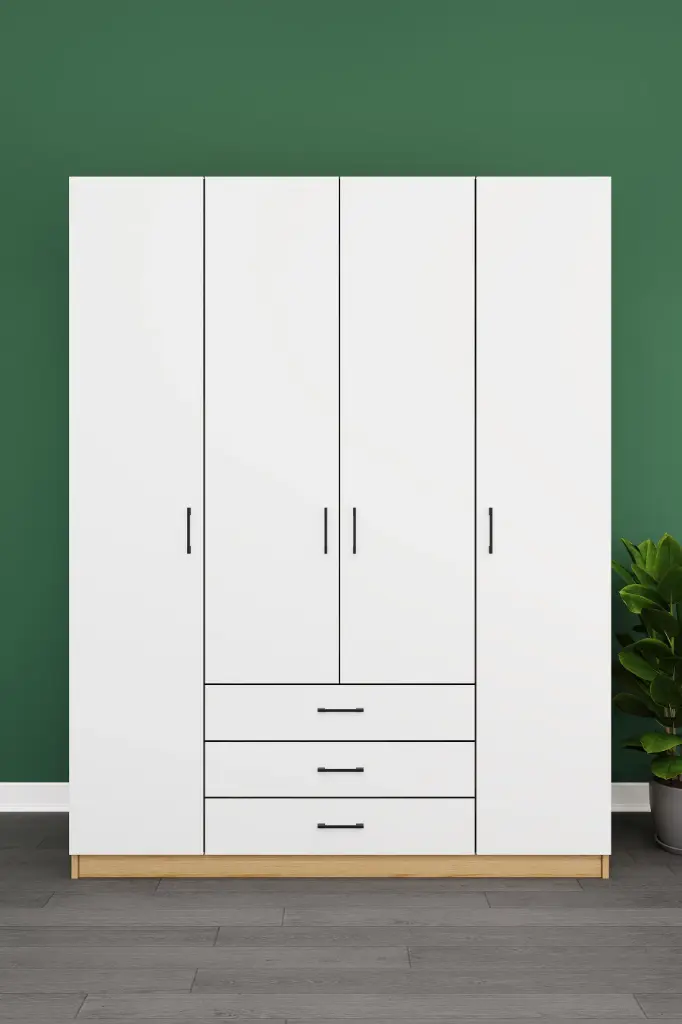 4 Kapaklı 3 Çekmeceli Gardırop 160x208 cm Çift Askılıklı MDF Yatak Odası Gardırobu G-02