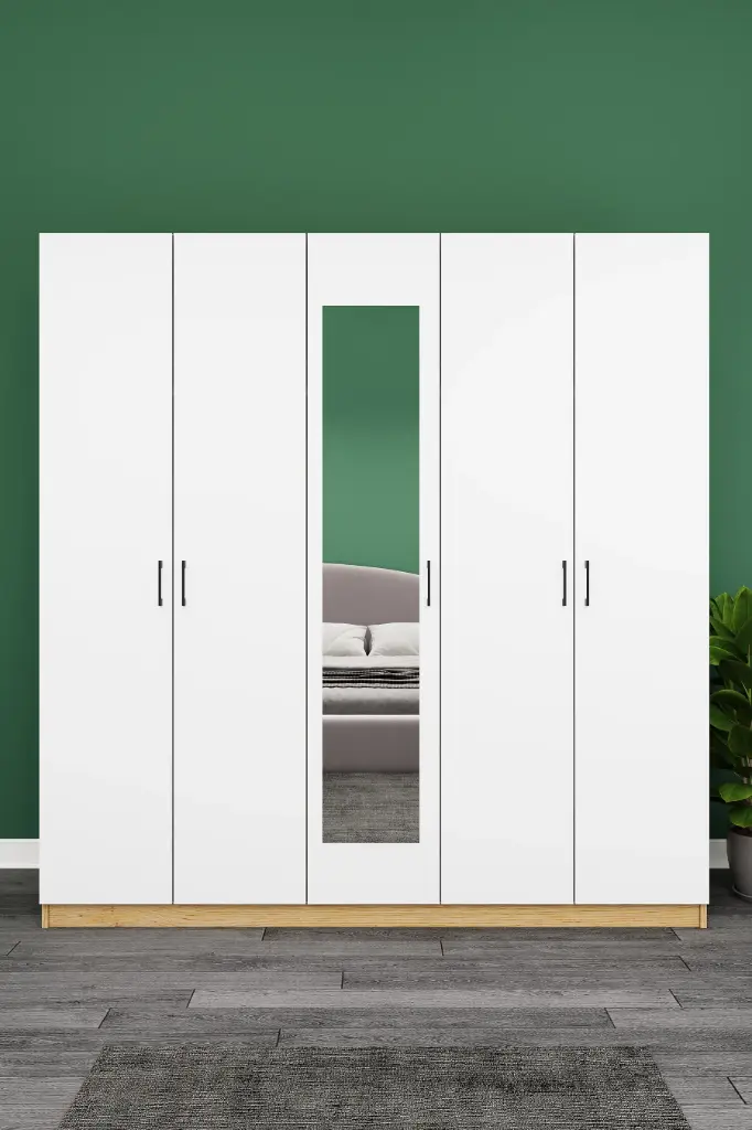 5 Kapaklı 2 Çekmeceli Aynalı Gardırop 200x208 cm MDF Yatak Odası Gardırobu G-04
