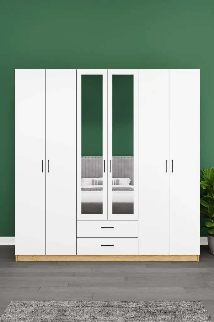 6 Kapaklı 2 Çekmeceli Aynalı Gardırop 240x208 cm Geniş MDF Yatak Odası Gardırobu G05