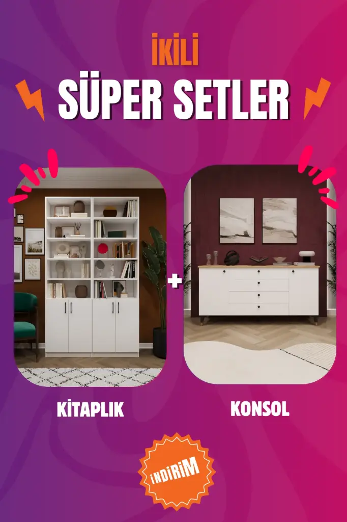 Modern Depolama ve Sergileme Seti — (Geniş Konsol & Modüler Kapaklı Kitaplık)