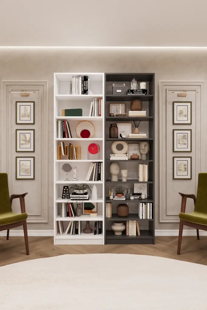 Beyaz & Koyu Gri İkili Kitaplık –120x205 cm 8 Raflı K-17