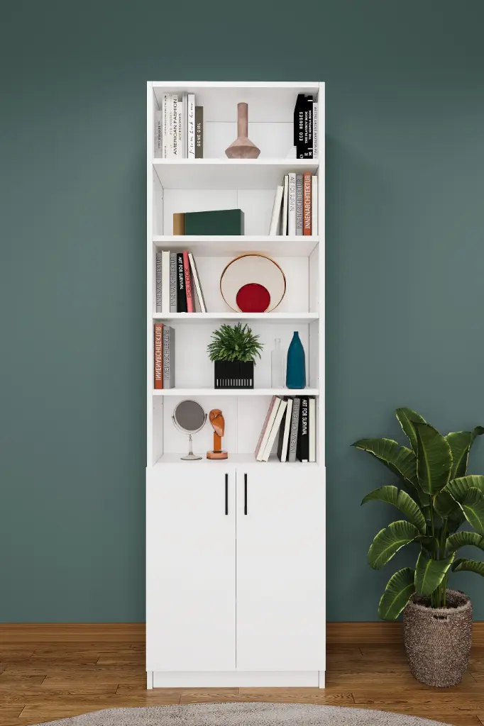 Açık Raflı Beyaz Kapaklı Kitaplık – 60x208 cm 8 Raflı K-31