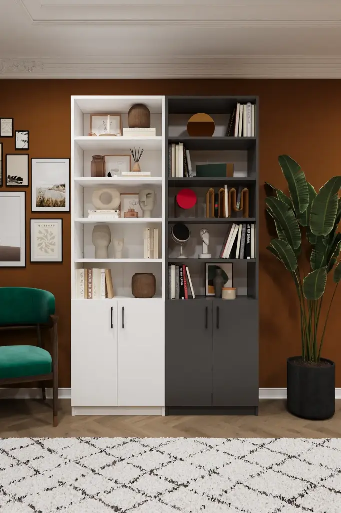 Beyaz & Koyu Gri Kapaklı İkili Kitaplık – 120x205 cm  K-47