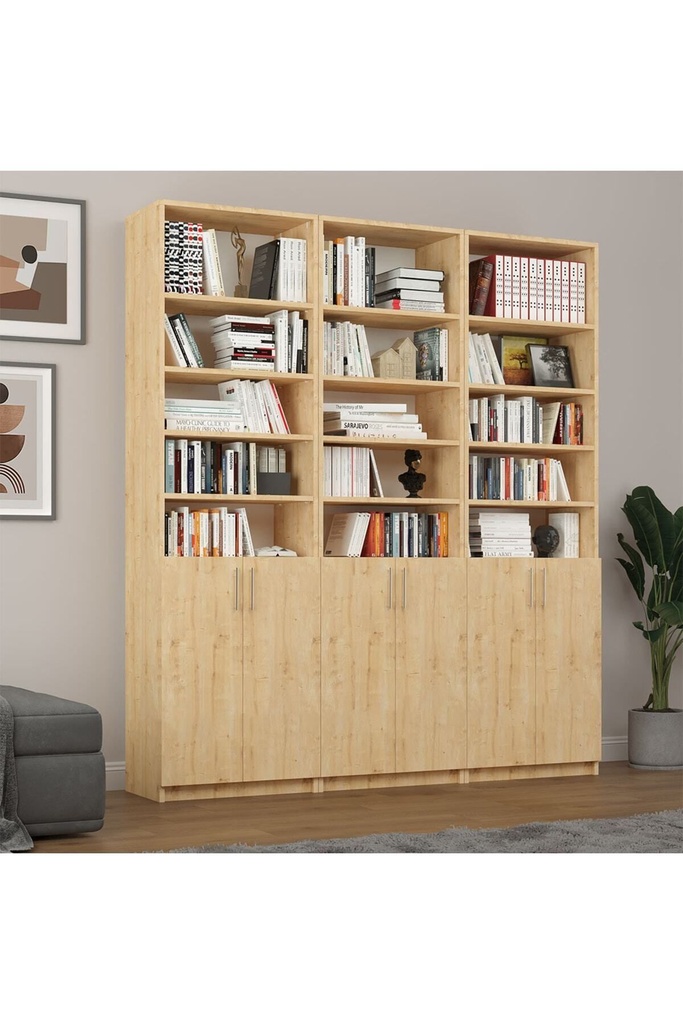 Safir Meşe Kapaklı Üç Modüllü Kitaplık K-51