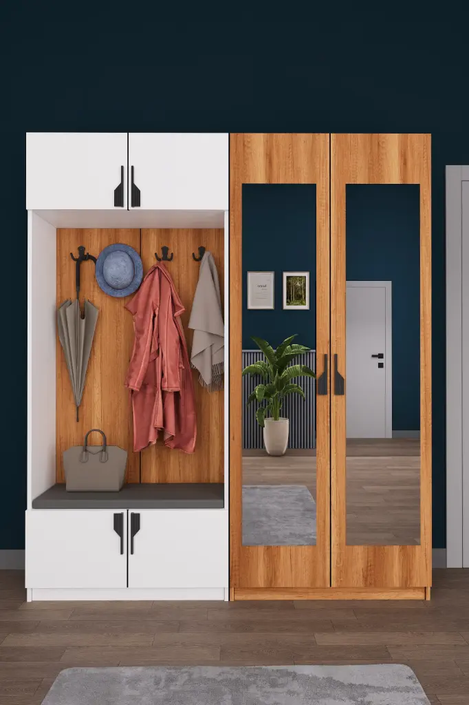 Aynalı Vestiyer ve Portmanto 180 cm Ayakkabılıklı Oturmalı V-02