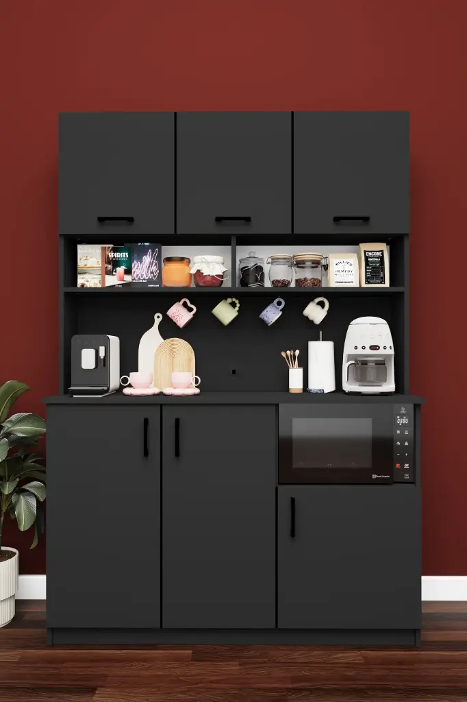 Modern Kahve Köşesi Dolabı 136 cm Mikrodalga Bölmeli %100 MDF - KAHVE03