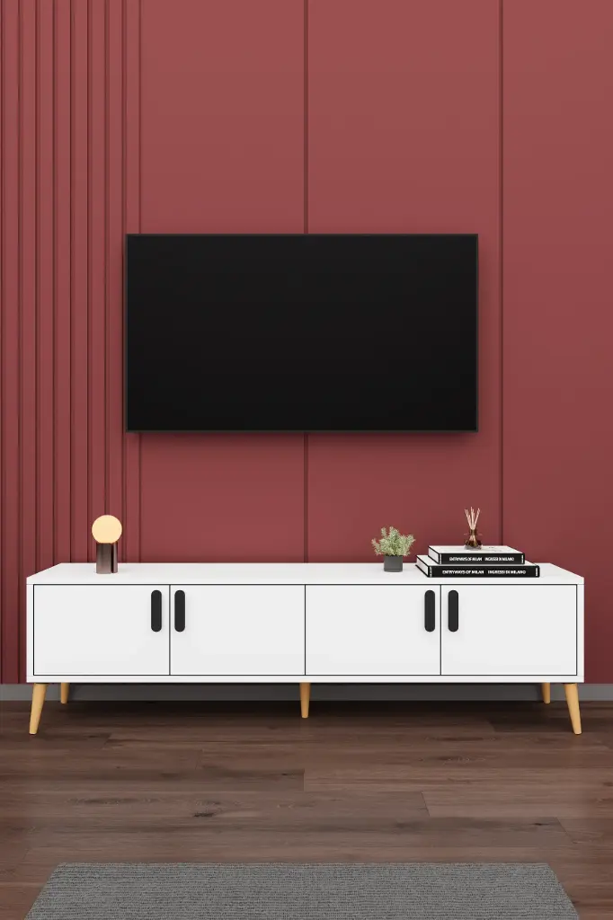 Beyaz TV Ünitesi 160 cm Kapaklı Raflı MDFLAM - T-01 