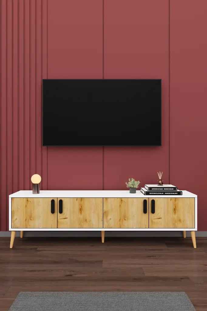 Safir Meşe & Beyaz TV Ünitesi 160 cm Kapaklı Raflı - T-02