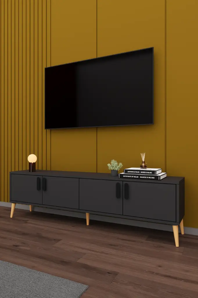 Koyu Gri TV Ünitesi 160 cm Kapaklı Raflı MDFLAM - T04