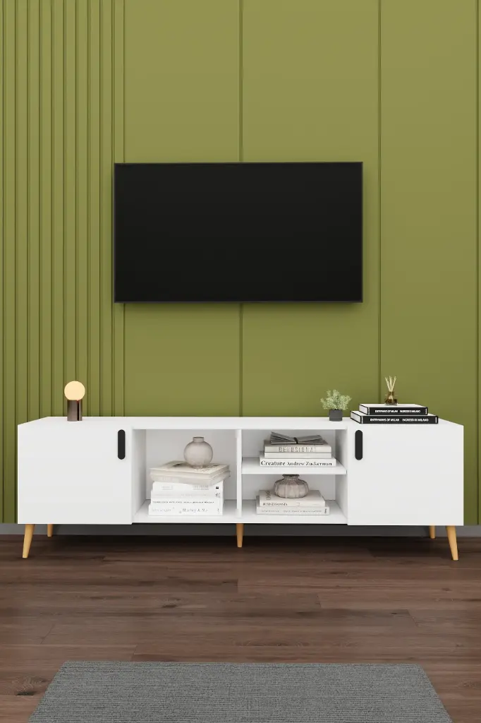 Beyaz TV Ünitesi 180 cm Açık Raflı ve Kapaklı Dolaplı T-09