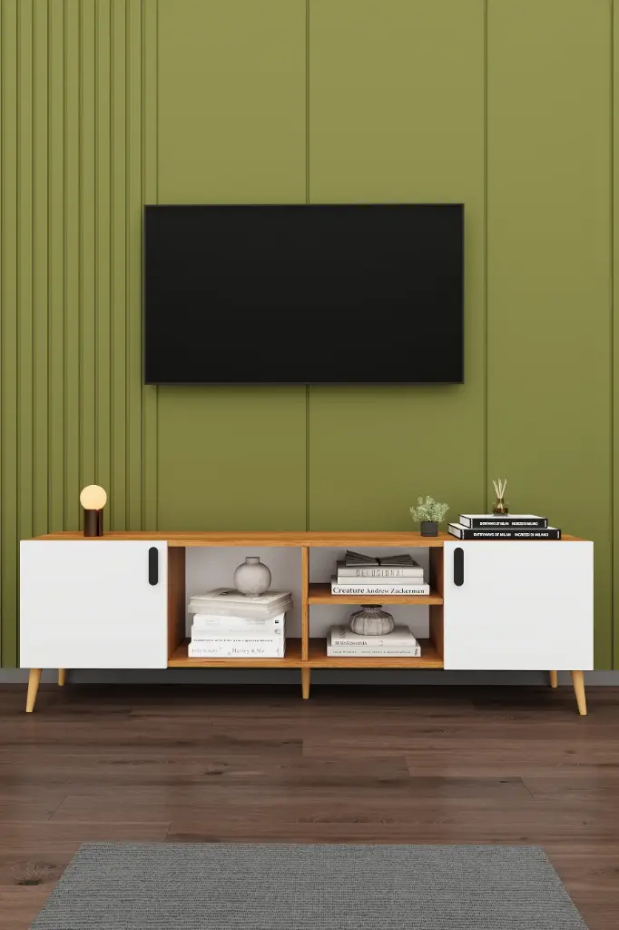 Petra & Beyaz T-11 TV Ünitesi 180 cm Açık Raflı Dolaplı Modern TV Sehpası