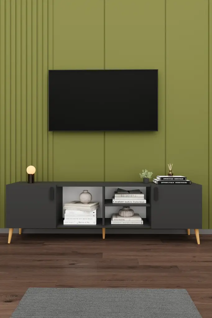 Koyu Gri TV Ünitesi 180 cm Kapaklı ve Raflı Modern TV Sehpası T-12