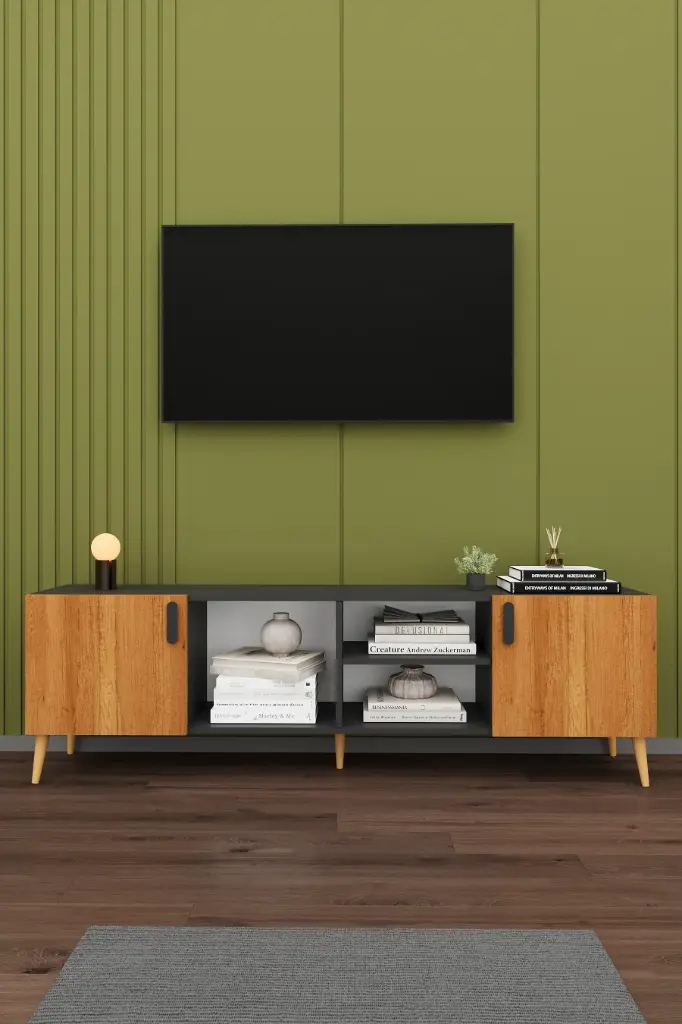 Koyu Gri ve Ahşap Desenli Ayaklı T-13 TV Ünitesi 180 cm Açık Raflı MDFLAM 