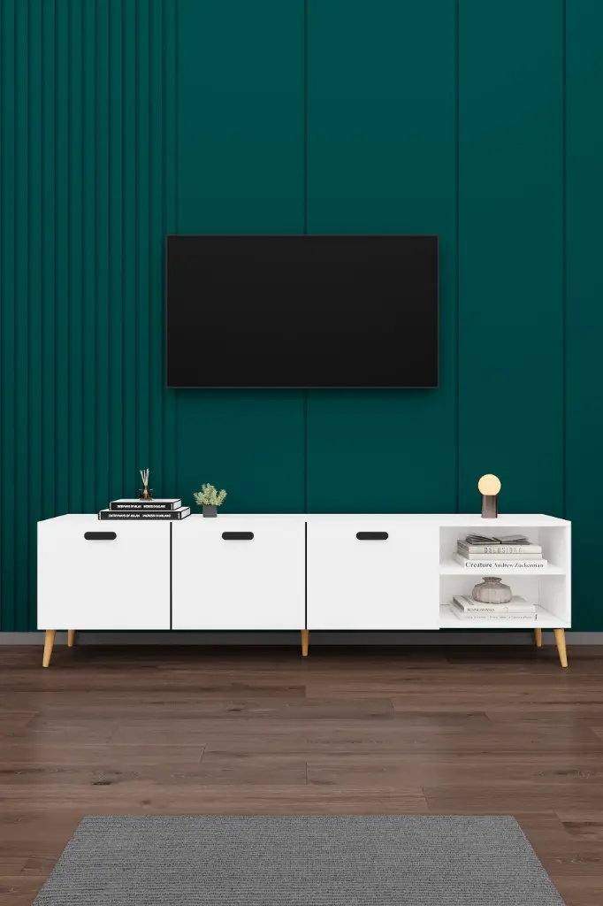 Beyaz TV Ünitesi 200 cm 3 Kapaklı Açık Raflı Ayaklı MDFLAM T-18 