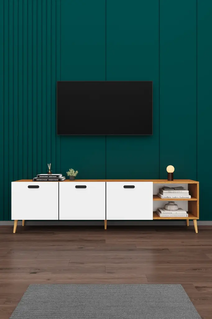 Petra & Beyaz TV Ünitesi T-20 200 cm Kapaklı Açık Raflı Ahşap Ayaklı Modern Model 