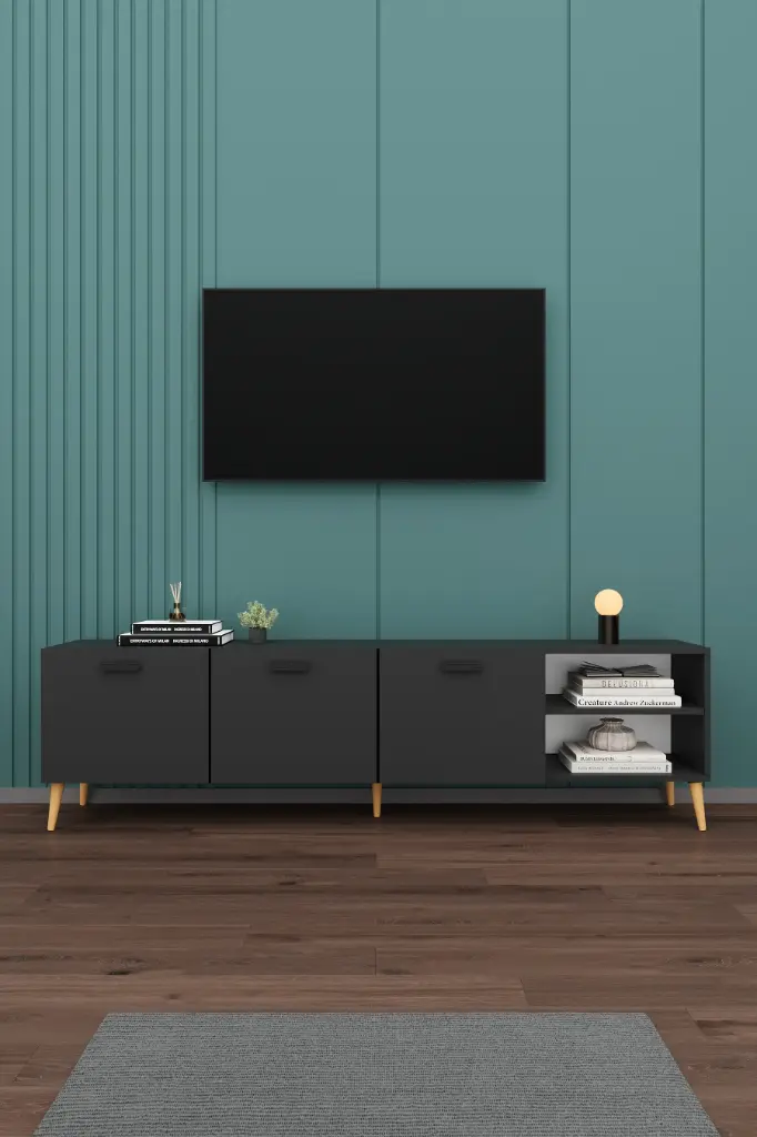 Antrasit TV Ünitesi 200 cm | 3 Kapaklı Açık Raflı Modern TV Sehpası T-21