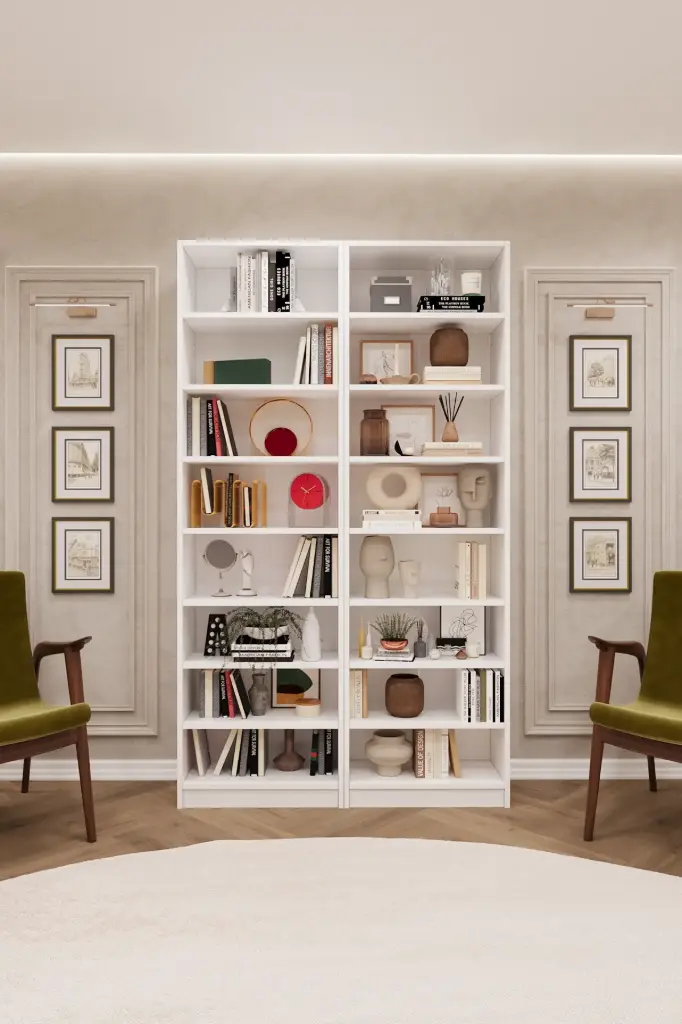 Beyaz İkili Kitaplık – 120x205 cm 8 Raflı K-09