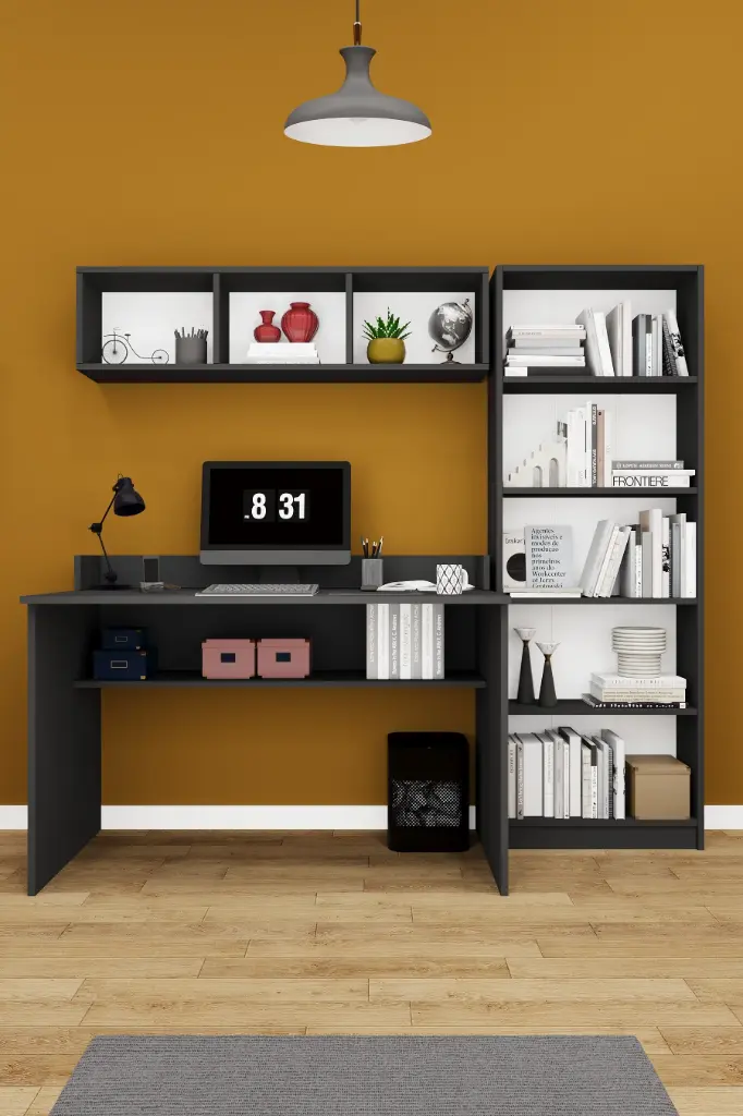 Kitaplıklı Çalışma Masası Seti 120 cm, 5 Raflı Kitaplık ve Duvar Rafı - ÇMT001