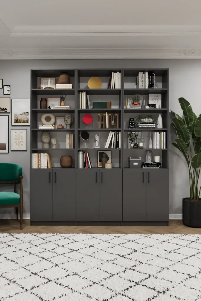 Koyu Gri Kapaklı Üçlü Kitaplık – 180x205 cm K-57